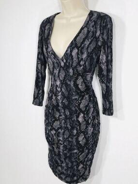 H&M Black & Gray Snake-Print Long Sleeve Wrap Dress